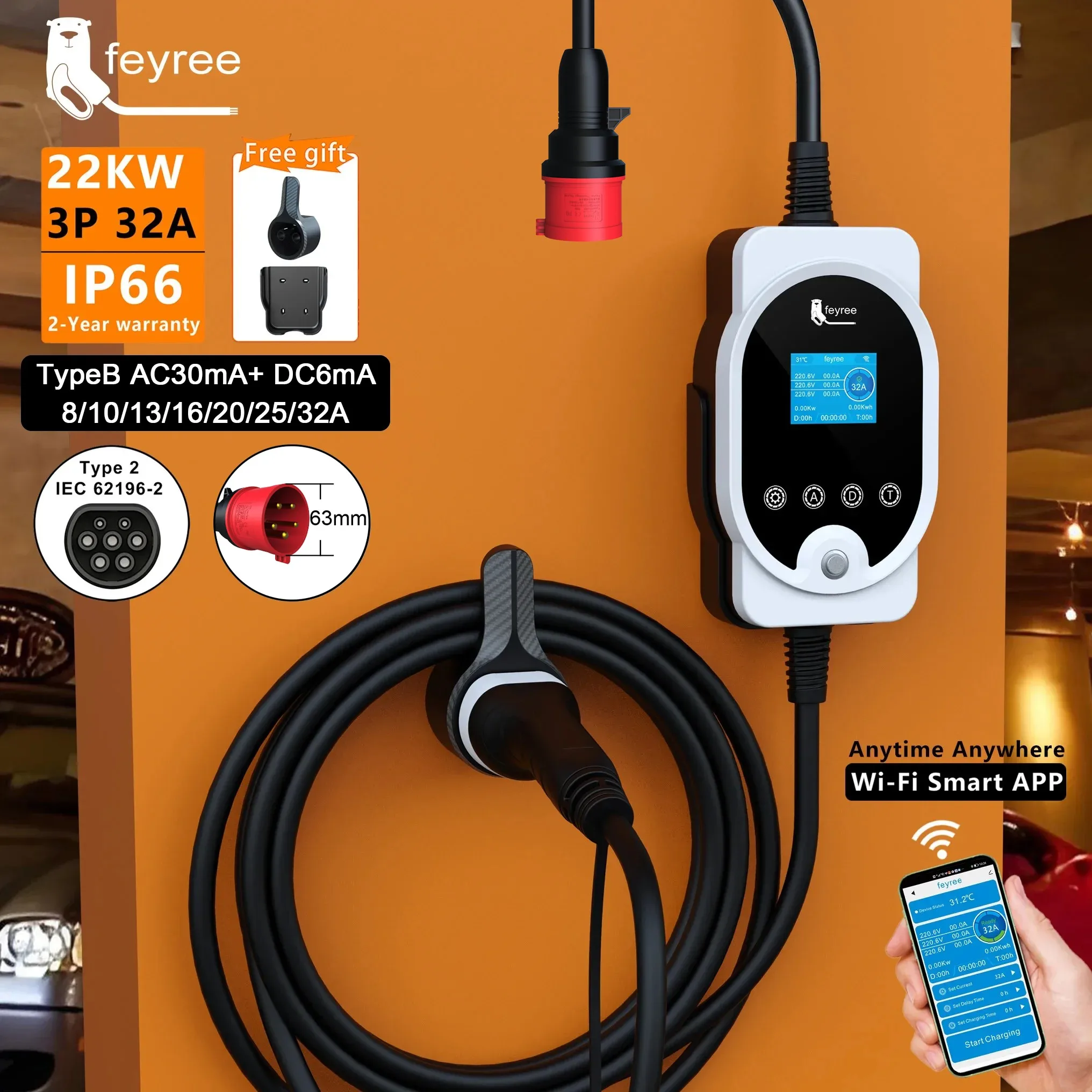 Ev Charging Cable - Feyree 22KW Type2 Cable EVSE Wallbox