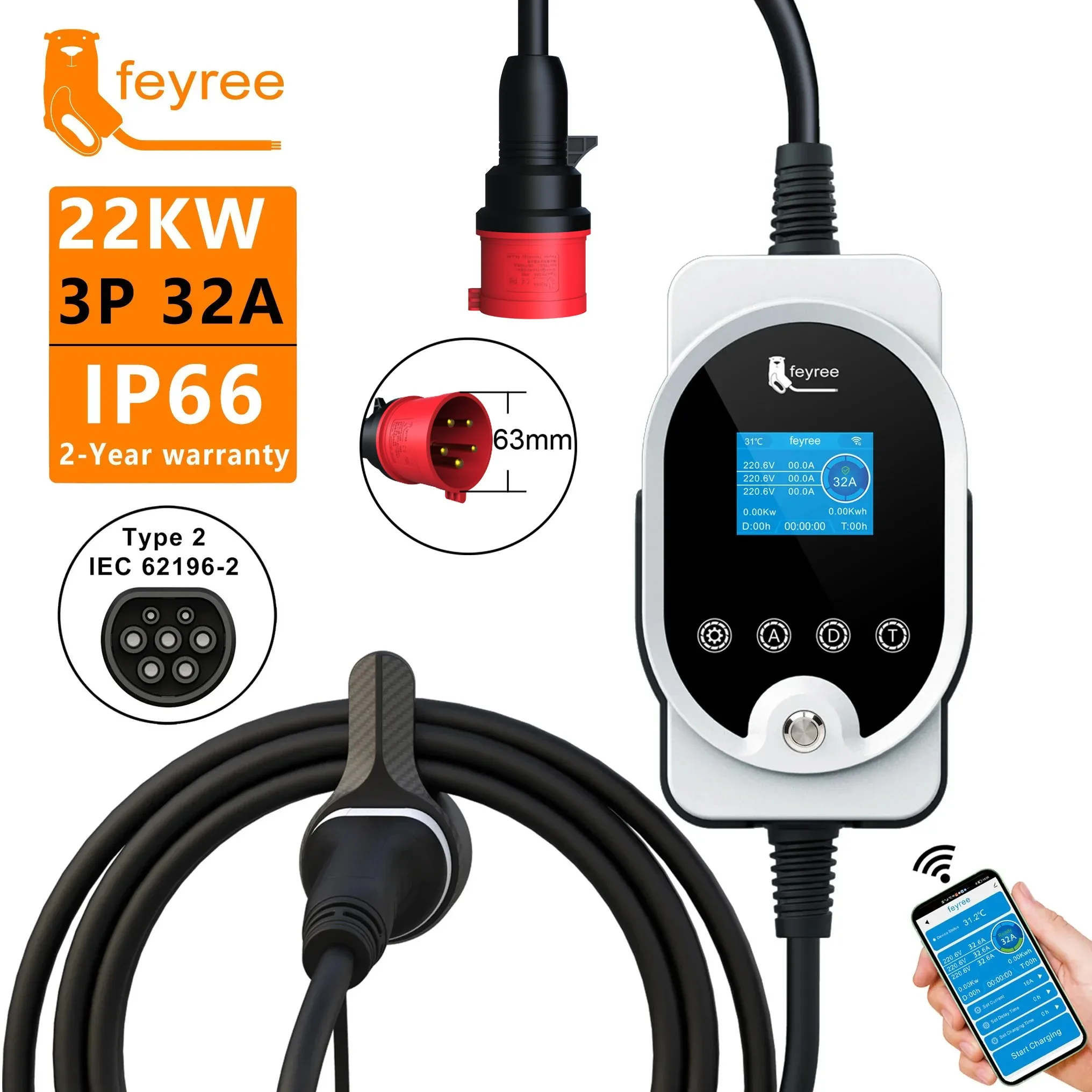 Feyree 22KW Type2 Cable EVSE W - Ev Charging Cable recension och pris